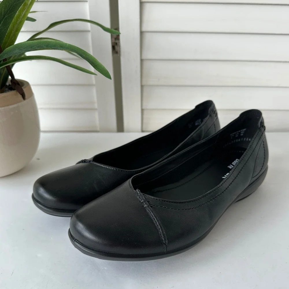 Hotter Robyn II Black Leather Ballerina Flats Size 10 Dual Fit Comfort Shoes